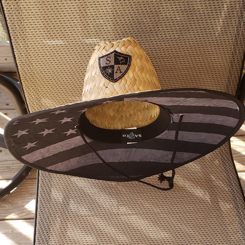 Wide Brim Straw hat with blackout flag under brim - Picture 2 of 2